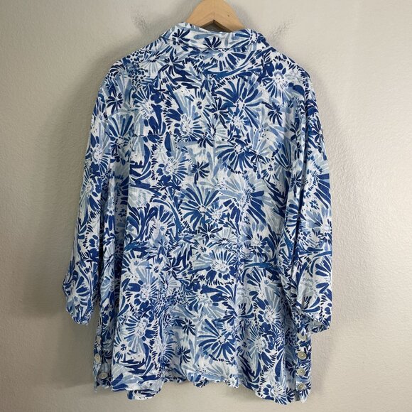 Cynthia Rowley Womens Plus 2X Blue White Floral 100% Linen Button Up Shirt - Picture 9 of 10